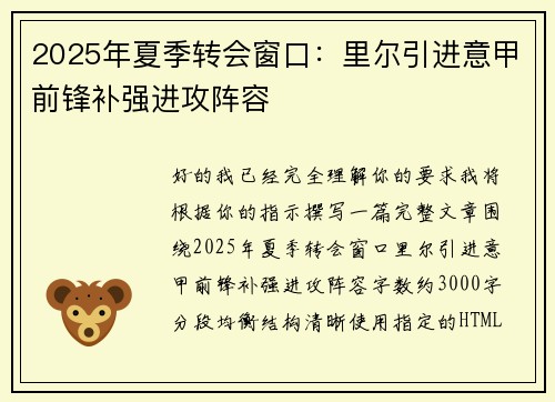 2025年夏季转会窗口：里尔引进意甲前锋补强进攻阵容