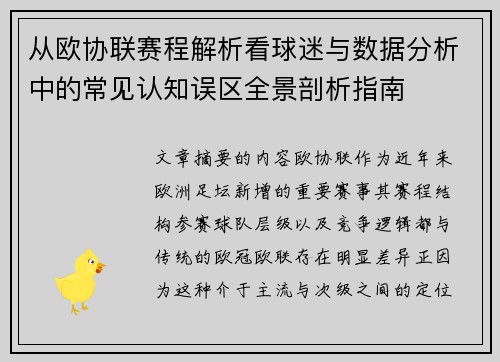 从欧协联赛程解析看球迷与数据分析中的常见认知误区全景剖析指南