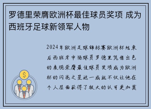 罗德里荣膺欧洲杯最佳球员奖项 成为西班牙足球新领军人物